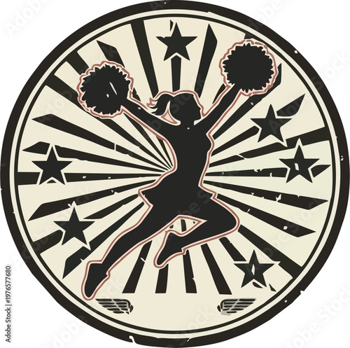 Vintage Cheerleader Silhouette Emblem with Pom Poms, Stars and Sunburst Rays