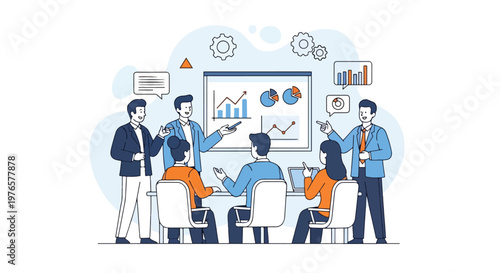 Illustration of a diverse team collaborating around a large computer screen displaying graphs and