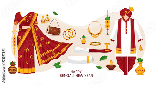 Flat lay illustration of Pohela Boishakh, the Bengali New Year, featuring a traditional sari, jewelry, and kurta with a turban, all arranged against a clean white background in a festive