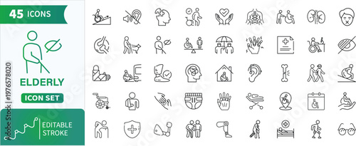 Elderly care icon set . Set of editable stroke icons representing elderly care, disability, and accessibility concepts