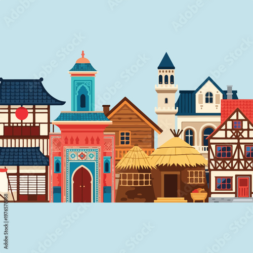 A vibrant cartoon cityscape featuring diverse architectural styles