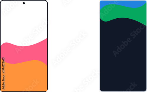 Hand-drawn minimalist smartphone screen mockups featuring vibrant abstract wave patterns and modern frameless display illustration
