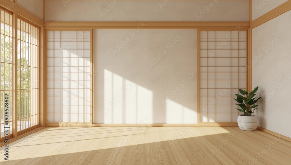 Fototapeta premium room empty with Tatami mats and paper sliding doors called Shoji on room zen style.3D rendering