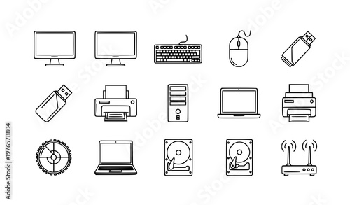 Computer hardware line icon set monitor keyboard mouse tech vector collection