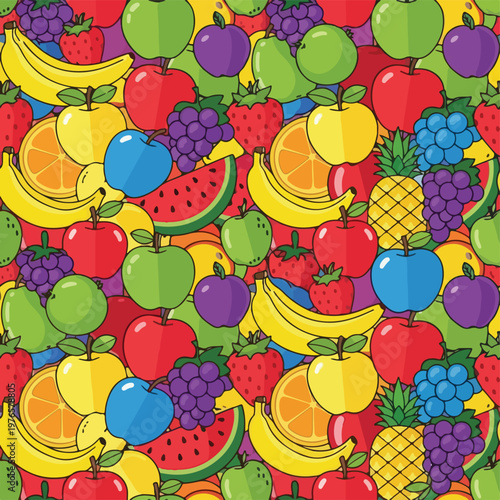 A vibrant, colorful, and repetitive pattern of assorted fresh fruits