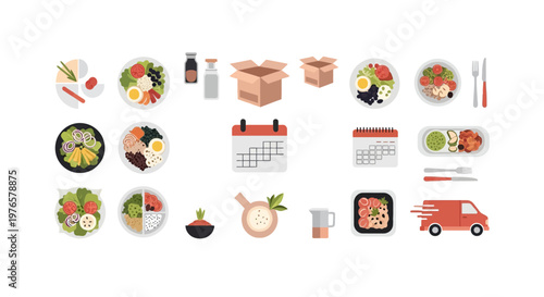 Healthy Meal Prep Subscription Service Vector Icon Set, Nutritious Diet, Food Delivery and Weekly Menu Planning in Flat Design Style.