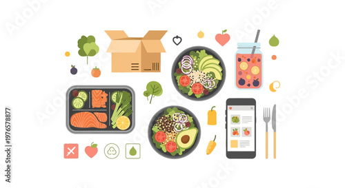 Healthy Meal Subscription Service Elements Set, Nutritious Diet Plan, and Fresh Food Delivery App Vector Illustration.
