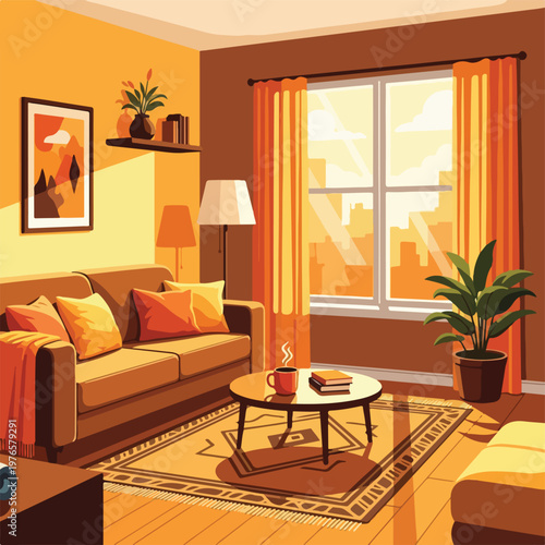 A warm and inviting cartoon living room scene with an outdoor view