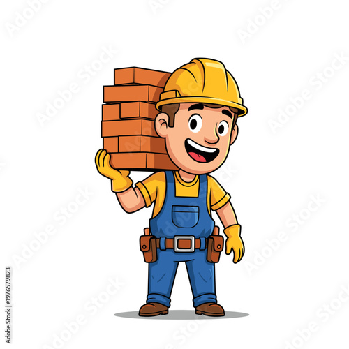 Happy Construction Worker Carrying Bricks Cartoon Character Vector