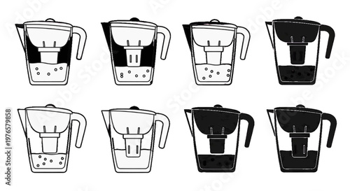 Vector illustration of set of water filter pitcher icons in different styles on transparence background