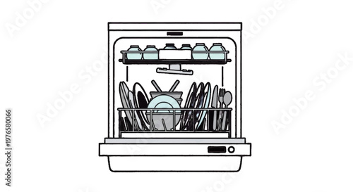 Vector illustration of open dishwasher with clean dishes and cutlery inside on transparence background