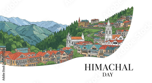 Detailed vector illustration celebrating Himachal Day, showcasing a vibrant depiction of Himachal Pradesh's traditional architecture and mountainous landscape against a clean white