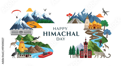 A bright vector illustration showcases Happy Himachal Day with iconic landmarks, paragliding, and diverse wildlife set against snow-capped mountains, rendered in a flat design style