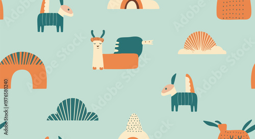 A whimsical, flat illustration of repeating cartoon creatures and shapes