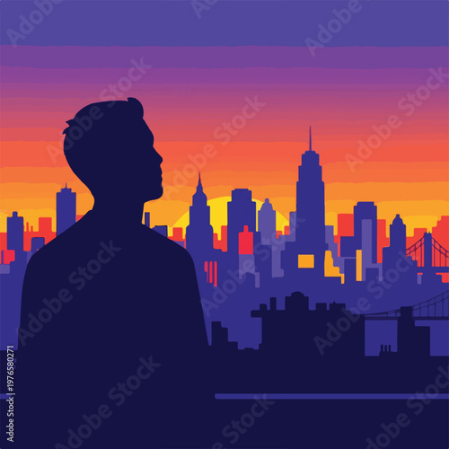 A silhouette of a man gazing at a cityscape during a sunset