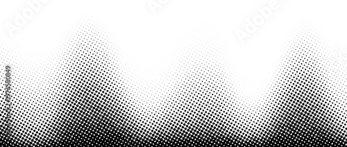 Halftone grunge gradient wave texture. Pixel noisy wave pattern background. Vanishing black dotted grain grit wallpaper. Rasterized pixelated anime or manga backdrop. Fading sand comic overlay. Vector