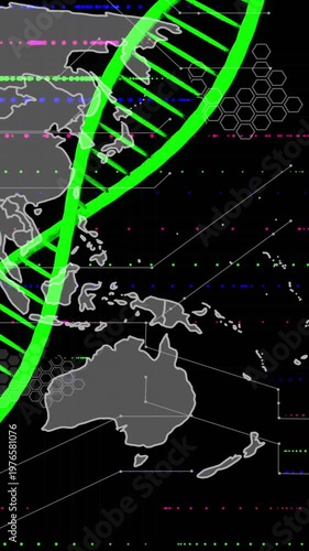 On play, neon-green helix shifting over Asia Oceania map, showing Australia as tech data streaming
