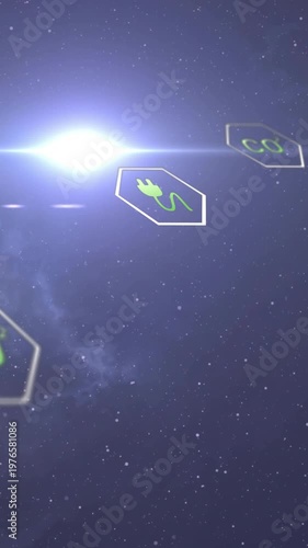 Vertical video: Eco badges drifting in stars, camera panning and framing plug badge, flare crossing