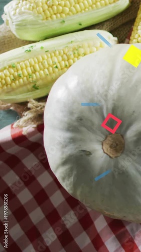 Vertical video: Cam zooming, squash shifting center while shapes popping onto corn, squash for food