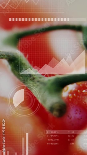 Vertical video: Cam panning tomato cluster, revealing calyx, HUD charts aligning for produce data