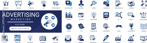 advertising and marketing solid icon set featuring campaign, promotion, megaphone, target, and digital media strategy editable vector illustration 