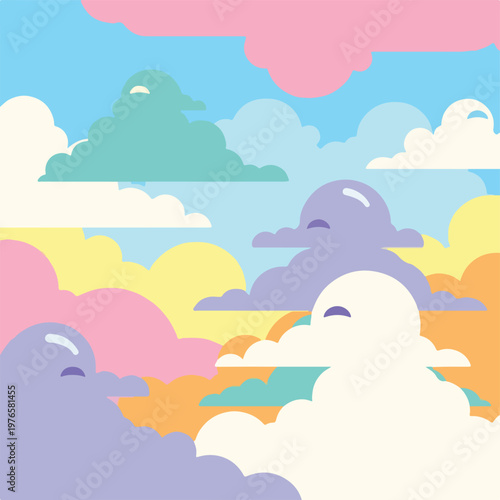 Fotografi A whimsical, pastel-colored illustration featuring stylized clouds