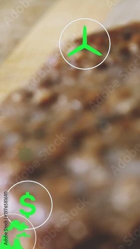 Vertical video: Beef patty, AR icons appearing, pulling camera back, highlighting price for food