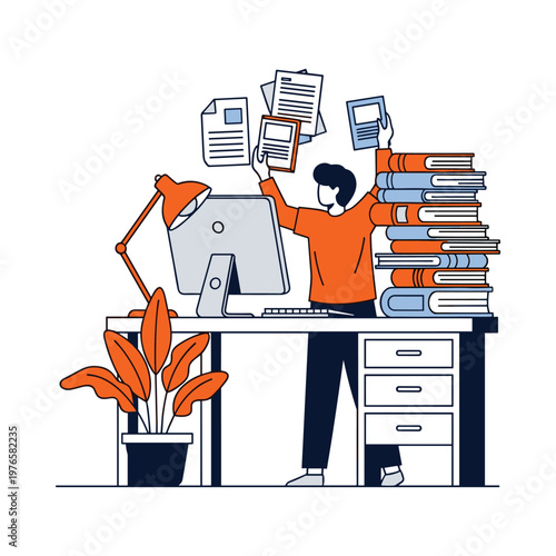 overwhelmed student or businessman with papers and books isolated on transparent background