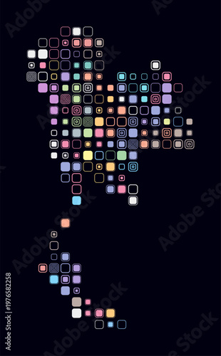 Thailand, shape of the country build of colored cells. Digital style map of the Thailand on dark background. Large size rounded square blocks. Plain vector illustration.