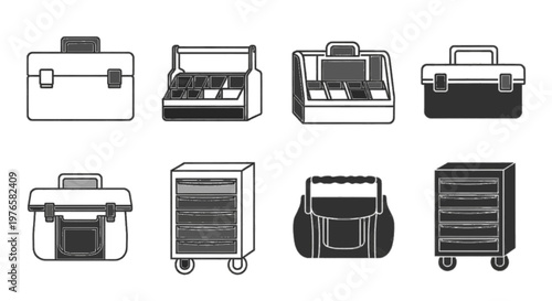 Vector illustration of set of various tool storage containers and toolboxes on transparence background