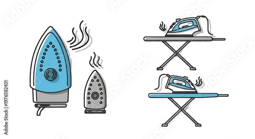 Vector illustration of set of steam irons for clothes on ironing boards and transparence background