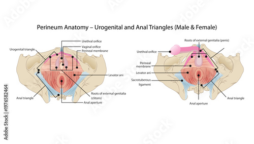 Perineum Anatomy – Urogenital and Anal Triangles (Male & Female)
the perineum divided into urogenital and anal triangles with key muscles, membranes, and external genital structures.