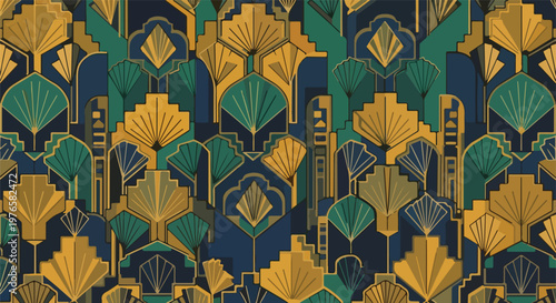 Art deco style pattern featuring geometric shapes and fan designs