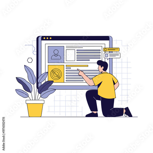 man interacting with large computer screen isolated on transparent background