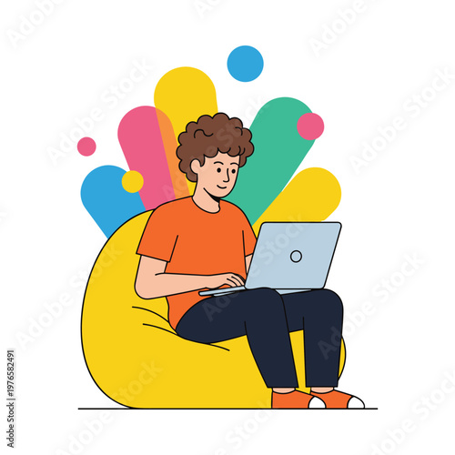 young man sitting on yellow bean bag chair with laptop isolated on transparent background