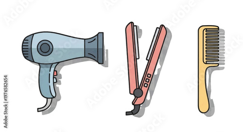 Vector illustration of hair styling tools set including hair dryer, flat iron and hair comb on transparence background