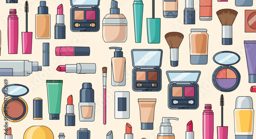 Assorted beauty products arranged on a pale yellow background