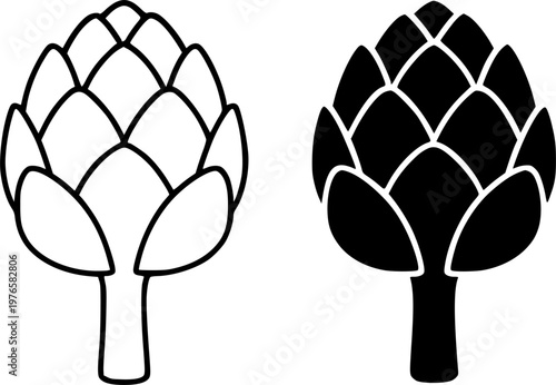 Artichoke minimalist icon, outline and silhouette, for vegetable or nature theme design, isolated on transparent background