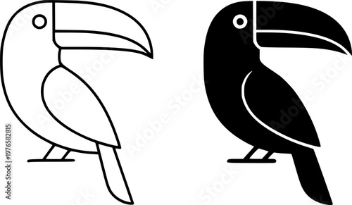 Toucan bird minimalist icon, outline and silhouette, for animal or wildlife themed design, isolated on transparent background