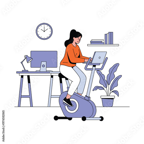 woman exercising on stationary bike while working on laptop isolated on transparent background