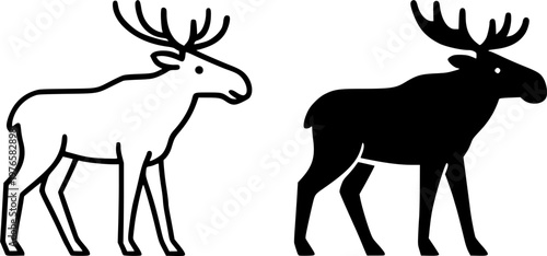 Moose minimalist icon, outline and silhouette, for animal theme design, isolated on transparent background