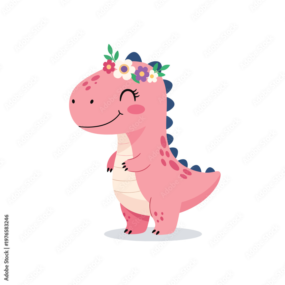 Naklejka premium Cute baby pink dinosaur cartoon character wearing a flower crown.