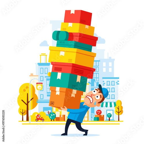 Delivery Man Carrying Tall Stack Of Boxes Overloaded Courier In The City Flat Vector Illustration
