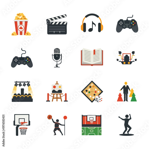 Assorted vector icons representing entertainment, hobbies, and recreational activities
