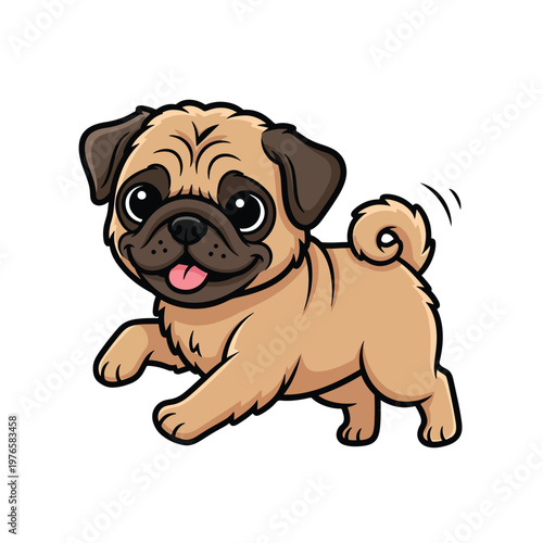 Cute cartoon pug puppy dog character walking happily.