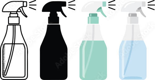 Set of four spray bottle featuring outline, silhouette, and colored flat styles cleaning