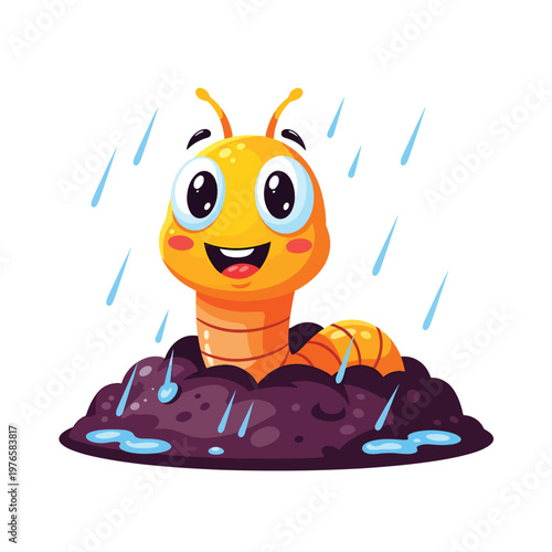 Happy cute cartoon worm emerging from dark soil during rain.