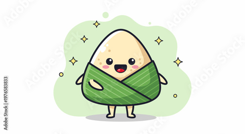 Cute Onigiri Character Mascot Wrapped in Leaf.