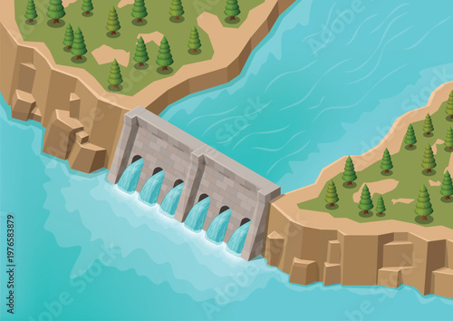 Isometric Hydroelectric Dam and River Landscape