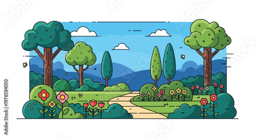 Obraz na plátne A vibrant, flat-style garden scene, featuring trees, flowers, and a path